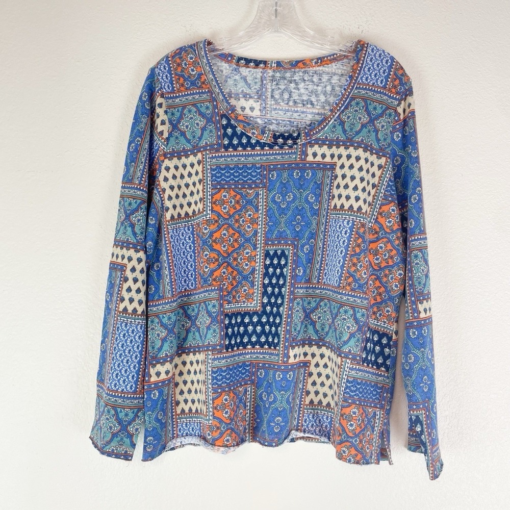 Denim & Co. Canyon Retreat Patchwork Printed Top Large Boho Cottage Indie Hippie